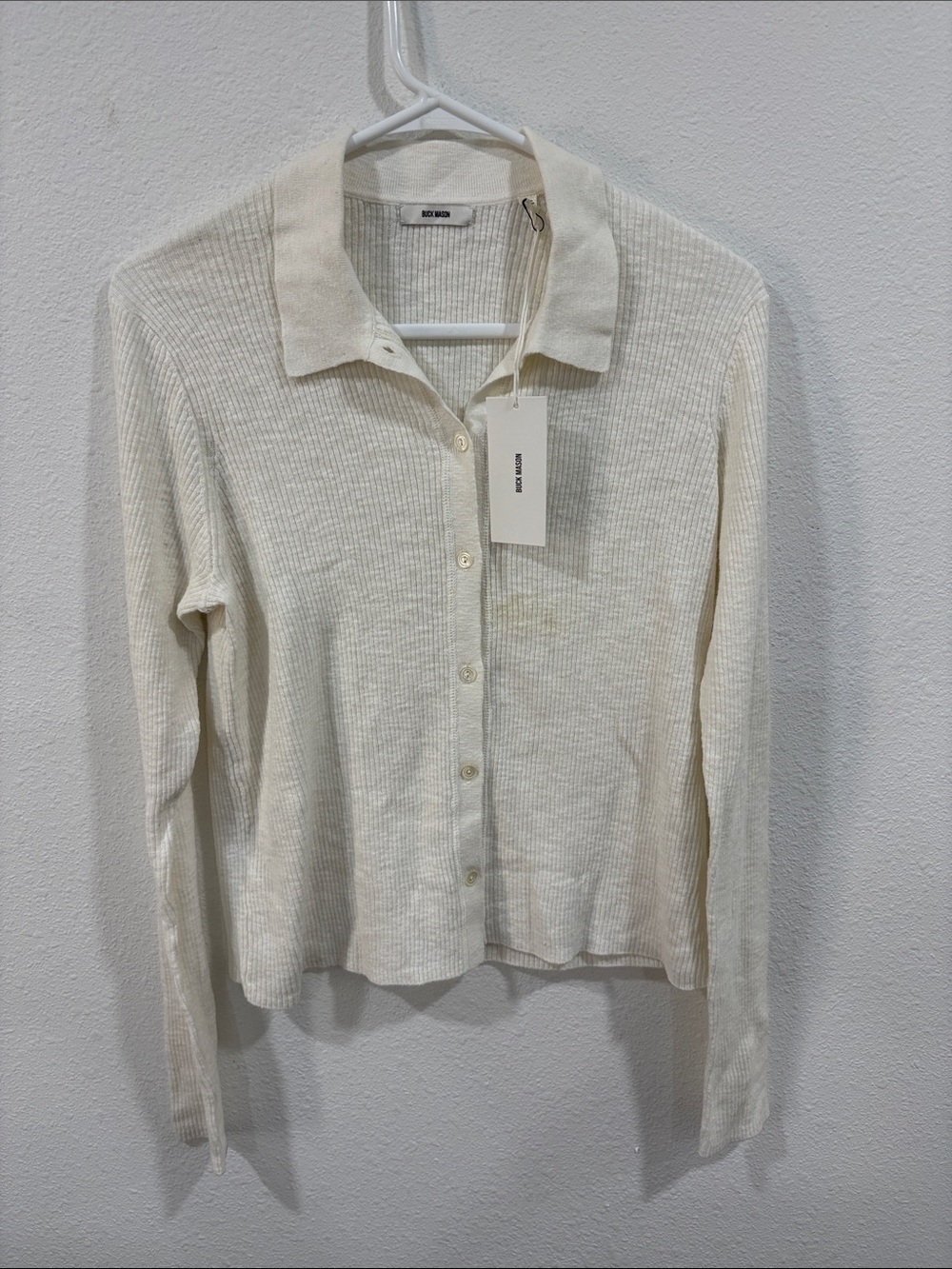 Buck Mason Women’s Coastal Linen Rib Collared Cardigan Soft White Large $188